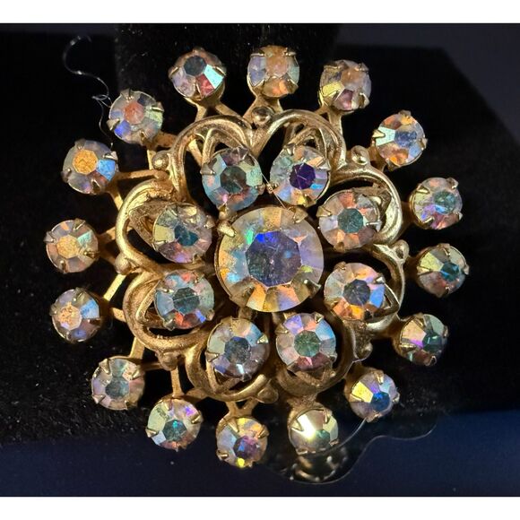 Vintage Aurora Borealis Rhinestone Starburst Brooch – Gold Tone - Picture 1 of 3